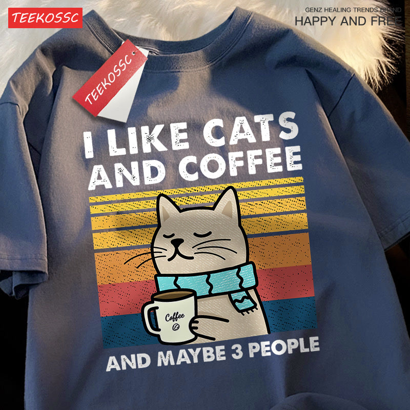 I Like Cats And Coffee Men Women T-Shirt Cotton Tee Clothes Hip Hop Loose Tshirt Fashion Crewneck T-Shirt Streetwear Couple