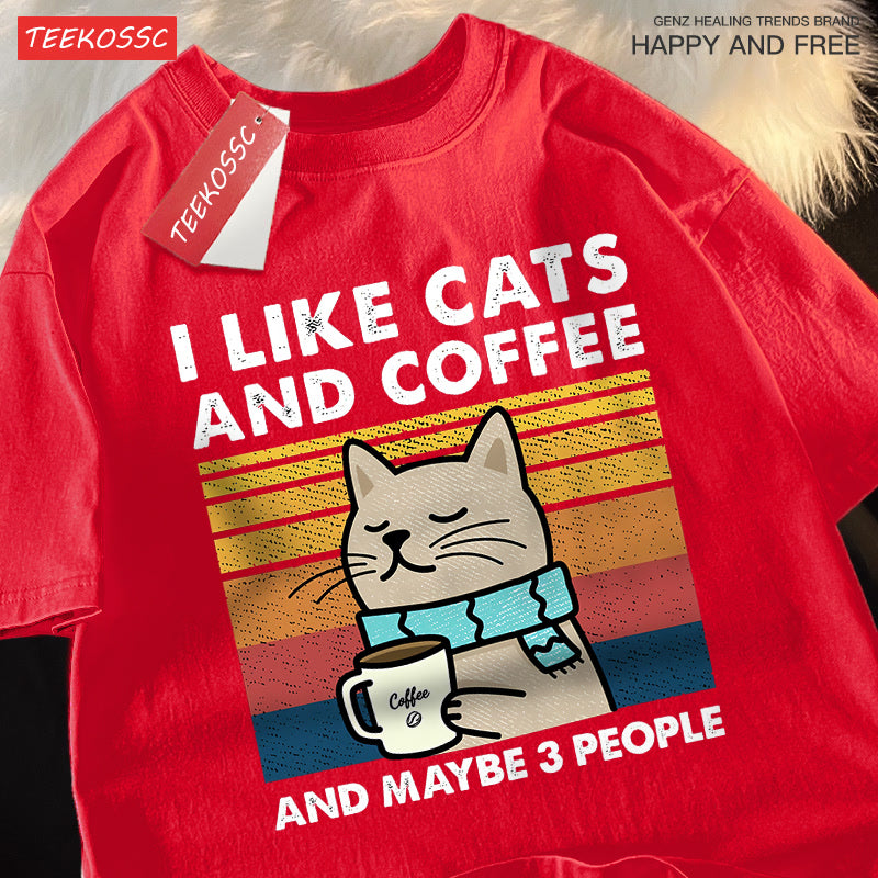 I Like Cats And Coffee Men Women T-Shirt Cotton Tee Clothes Hip Hop Loose Tshirt Fashion Crewneck T-Shirt Streetwear Couple