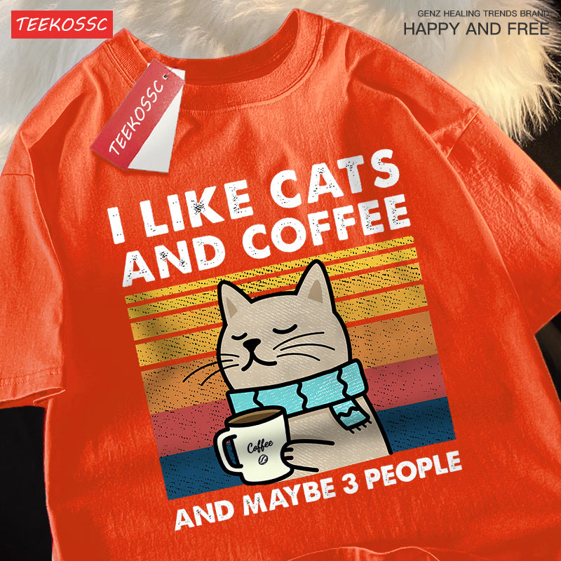 I Like Cats And Coffee Men Women T-Shirt Cotton Tee Clothes Hip Hop Loose Tshirt Fashion Crewneck T-Shirt Streetwear Couple