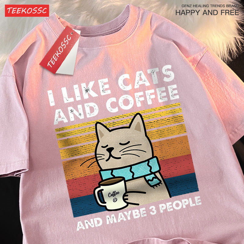 I Like Cats And Coffee Men Women T-Shirt Cotton Tee Clothes Hip Hop Loose Tshirt Fashion Crewneck T-Shirt Streetwear Couple